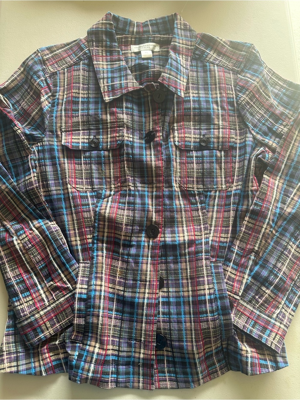 Christopher Banks PL 
Plaid Button-Up Shirt Jacket in Black & Blue.